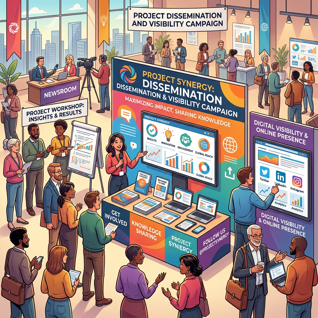 People attending Project Synergy dissemination and visibility campaign event with displays, presentations, and digital platforms.