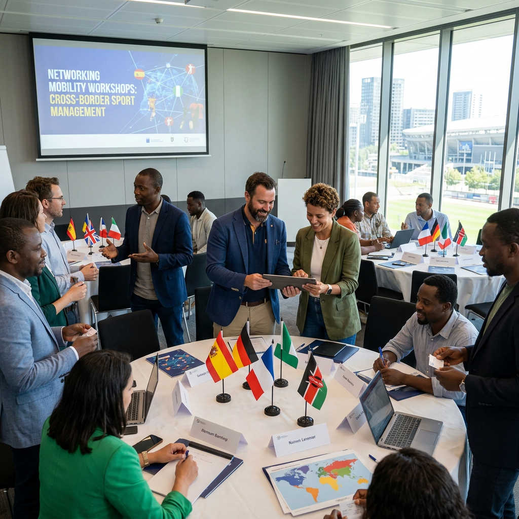 Diverse group at workshop tables with international flags discussing sport management