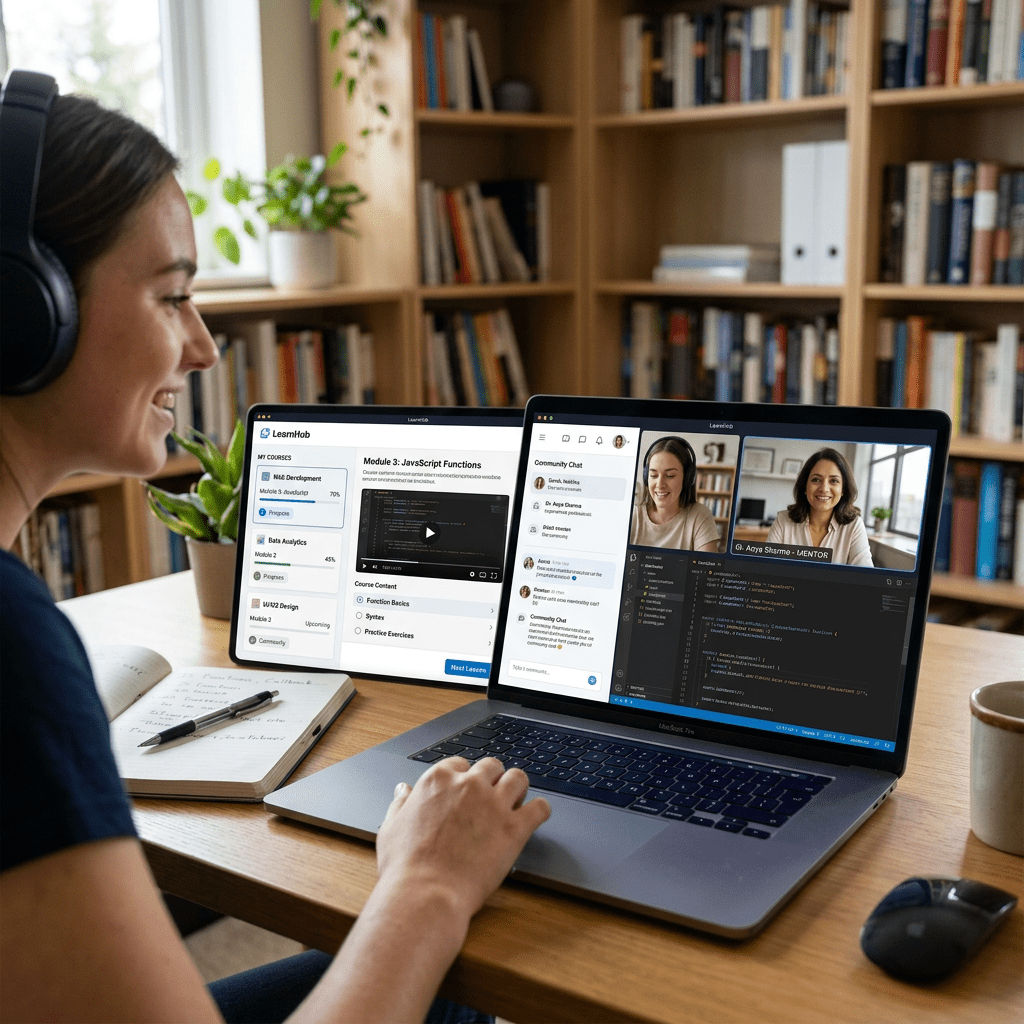 Person attending online coding class with JavaScript lessons and video mentor on laptop