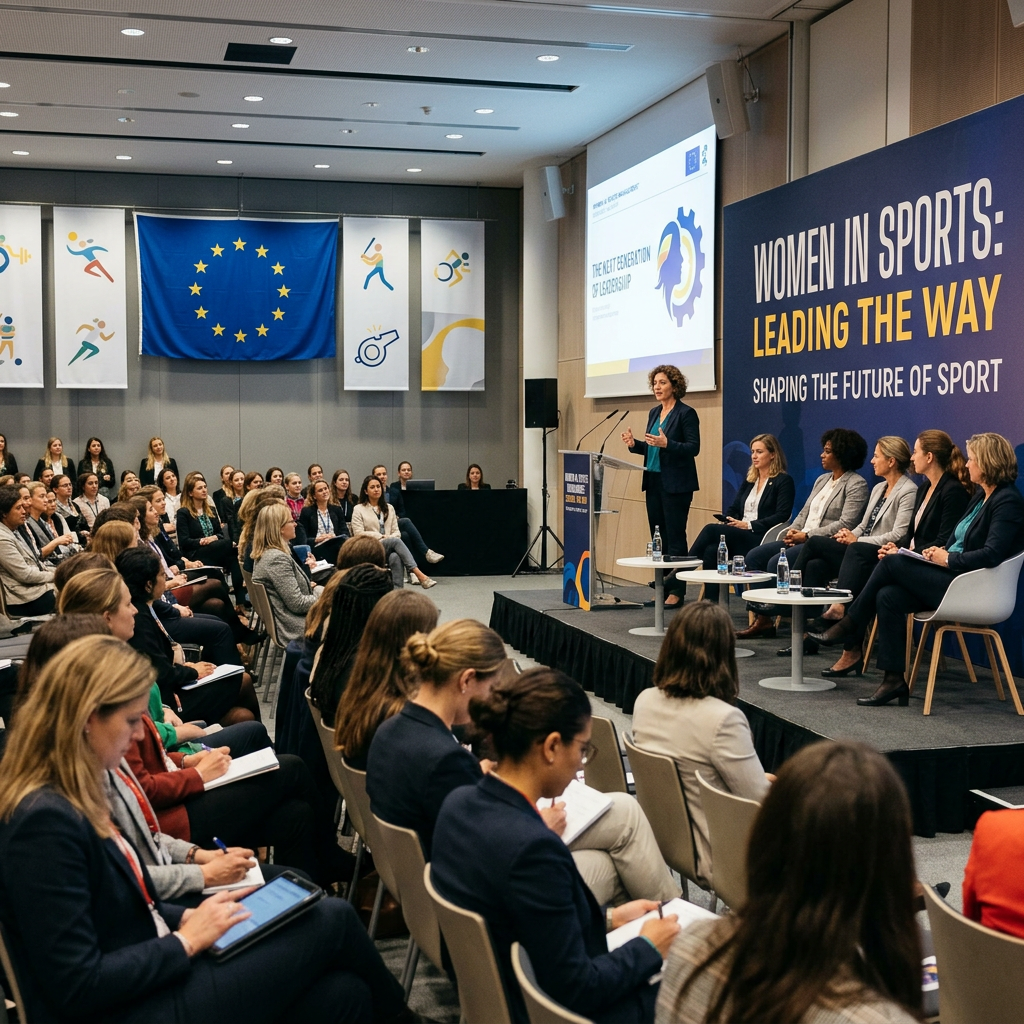 Panel of women leaders speaking at a conference on women in sports
