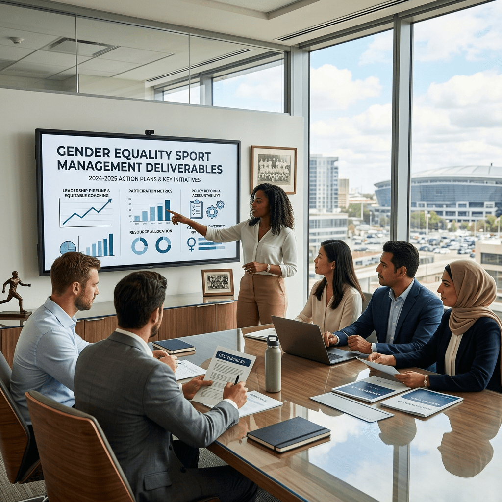 Businesswoman presenting gender equality sport management deliverables to a diverse group in meeting room