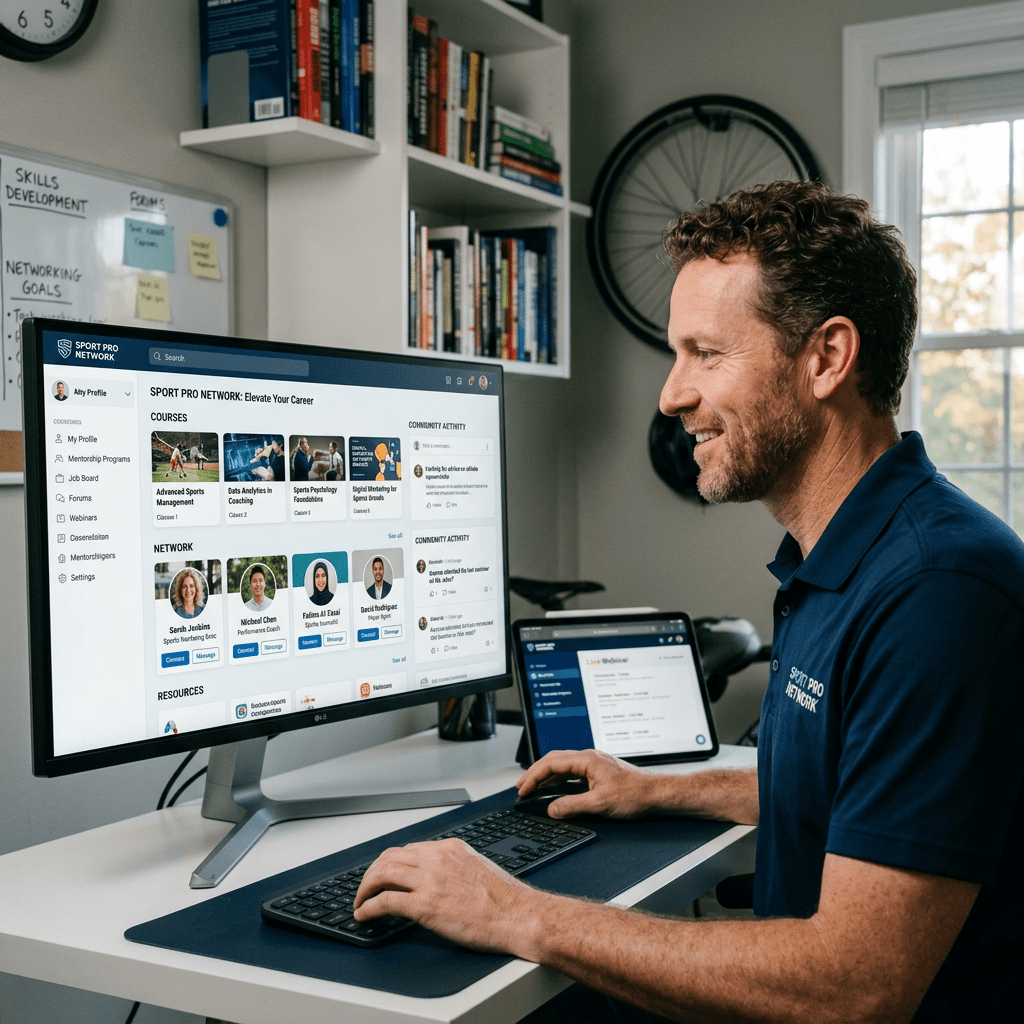 Man working on a career development platform displayed on a desktop monitor