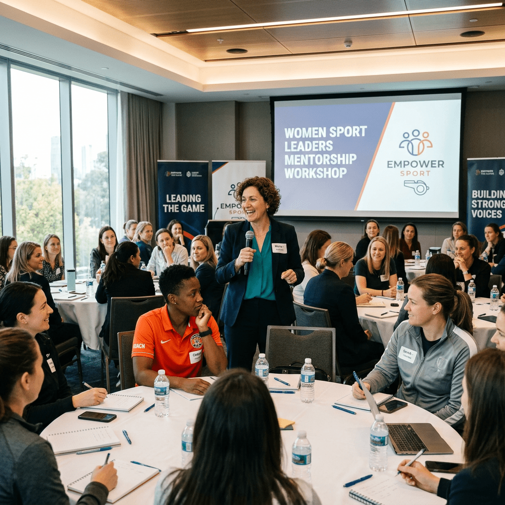 Women participating in a sport leadership mentorship workshop with a speaker addressing the group