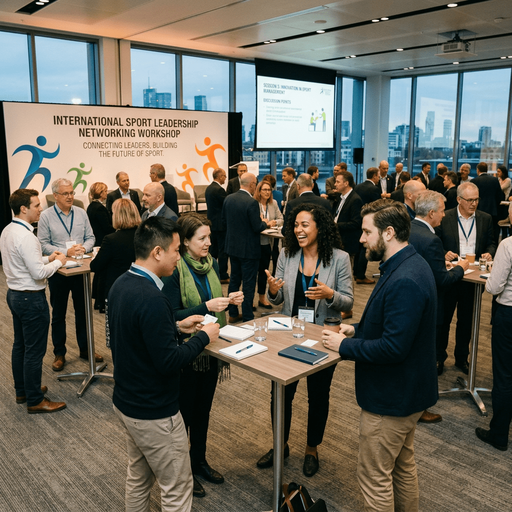 Groups of professionals networking and conversing at sport leadership workshop